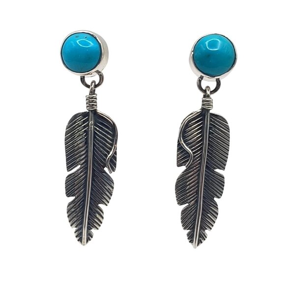 Artisan Jewelry - Southwestern Sterling Silver Kingman Turquoise Feather Dangle Drop Earrings